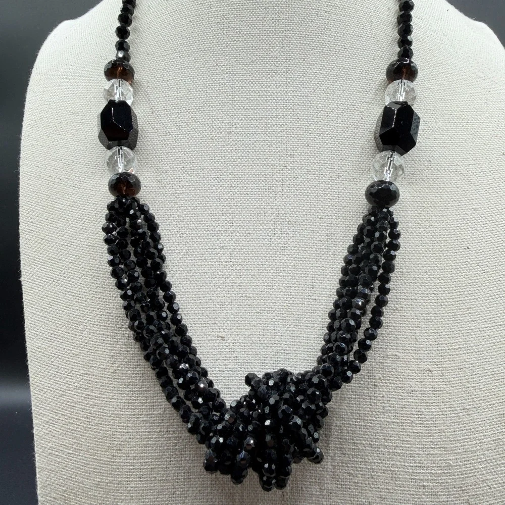 Black Faceted Bead Multi Strand Statement Necklace Knotted Gothic Cocktail Gift